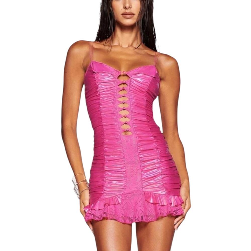 I.AM.GIA Aveline 2.0 Metallic Pink Ruched Lace Ruffle Hem Mini Dress Small NWT